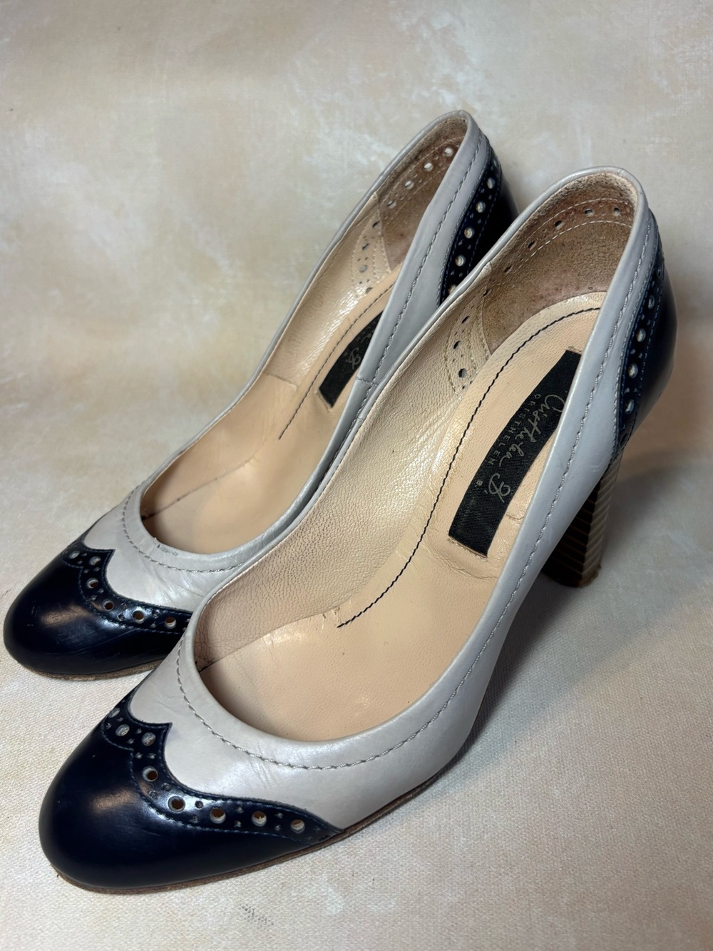 Vintage style spectator pumps, black and bone Italian leather, wood heels